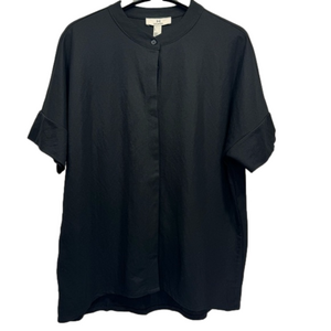H by Halston Black Covered Button Front Short Sleeve Top Size Small
